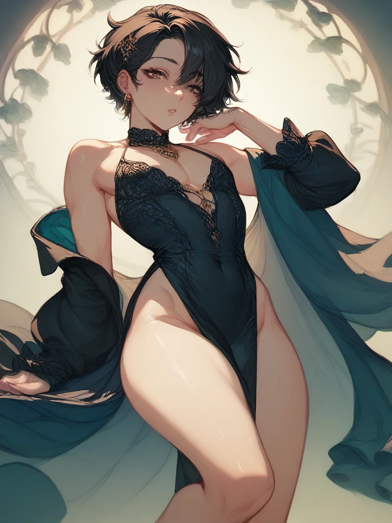 masterpiece, best quality, sumLucy, short hair, hair ornament, mask, covered eyes, see-through, halterneck, bikini, solo, 1girl