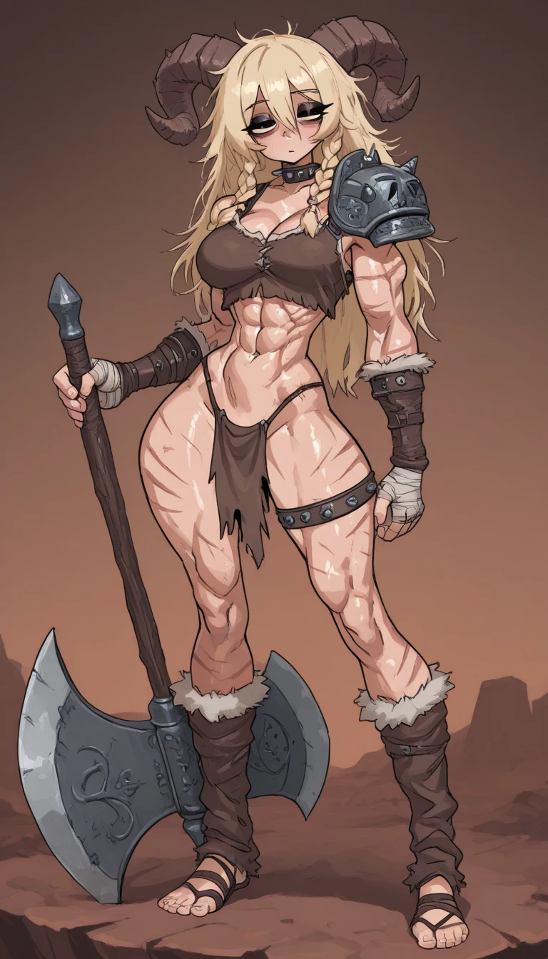 Score_9, score_8_up, score_7_up, source_anime, 1girl, solo, muscular woman, outdoors, (((wearing horned helmet))), pale, mature female, milf, wearing a barbarian armor, skull shoulder pad, defined abs, green eyes, blonde hair, crotch, thighs, standing, panties, legs spread, ((wearing war boots)), battlefield background, crowded