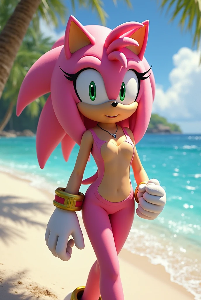 NSFW, Hedgehog Race Amy Rose sonic Pink Skin deitada na praia, in a red bikini, with his hand on her pussy, e com olhar de prazer, ultra realista