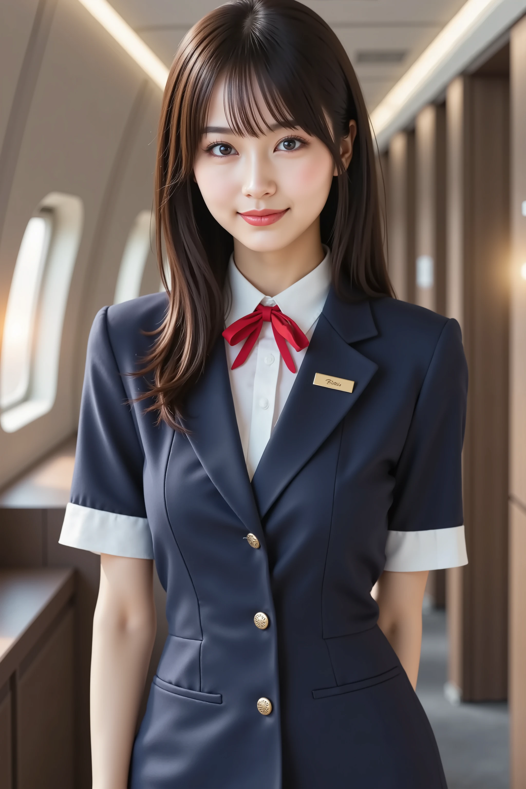 firm breast, by adjusting the framing so the subject's full head is visible within the composition, a highly detailed and realistic digital illustration of a female character in a stylized military-inspired fantasy outfit, realistic high-resolution photograph of a female flight attendant, captured just below the shoulders, positioned fully within frame to avoid head cropping. she wears a professional, form-fitting navy blue uniform consisting of a short-sleeve blazer with metallic buttons, a white collared shirt visible underneath, and a neatly tied red ribbon bow at the neck. the name tag is subtly affixed above her chest pocket on the blazer. sleeve cuffs are white, providing sharp contrast against the navy fabric. her uniform is clean and symmetrical, with precise seams and a modern tailored cut. the fabric has a slight matte texture, absorbing the ambient light in soft gradients. behind her, the aircraft cabin stretches out, lined with soft gray paneling and distinct curved architecture. one window captures a warm sunset glow, projecting amber light into the narrow aisle and subtly illuminating the contours of her shoulders and upper body. the walls curve upward to meet the ceiling with seamless transitions, giving the cabin a sleek, enclosed look. the ambient light source from the side window creates a natural highlight on the outfit's surface, emphasizing the folds and creases in the blazer. background details such as the emergency exit door, overhead lighting panel, and shadows across the aisle contribute to the realism. ensure her head is fully visible and the framing includes the background environment without obstruction. textures and lighting should emphasize the professional atmosphere, and the depth of field should subtly separate the figure from the background while retaining focus on the uniform's structure. shadows should fall naturally along her arms and across her midsection, emphasizing the fabric's form and fit.