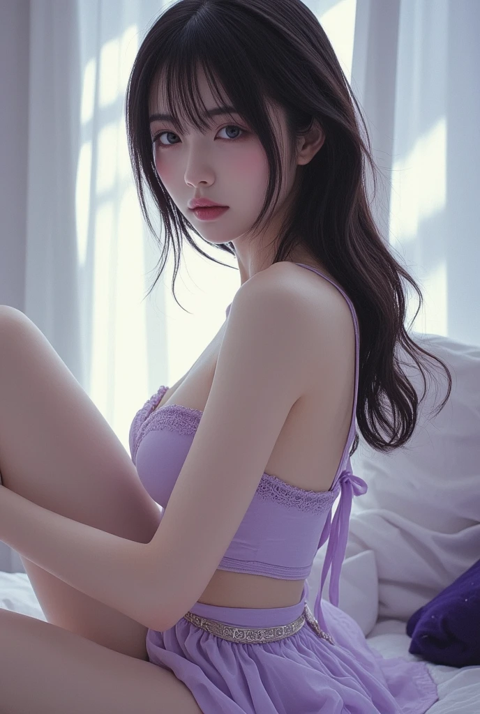 RAW photo, NS, a girl is photographed from above, lying on a bed, full body shot, her whole body is photographed. She wears a purple mini openwork underwear, ((lying on her back on a purple-black sheet)). She has long hair and looks very innocent and cute.