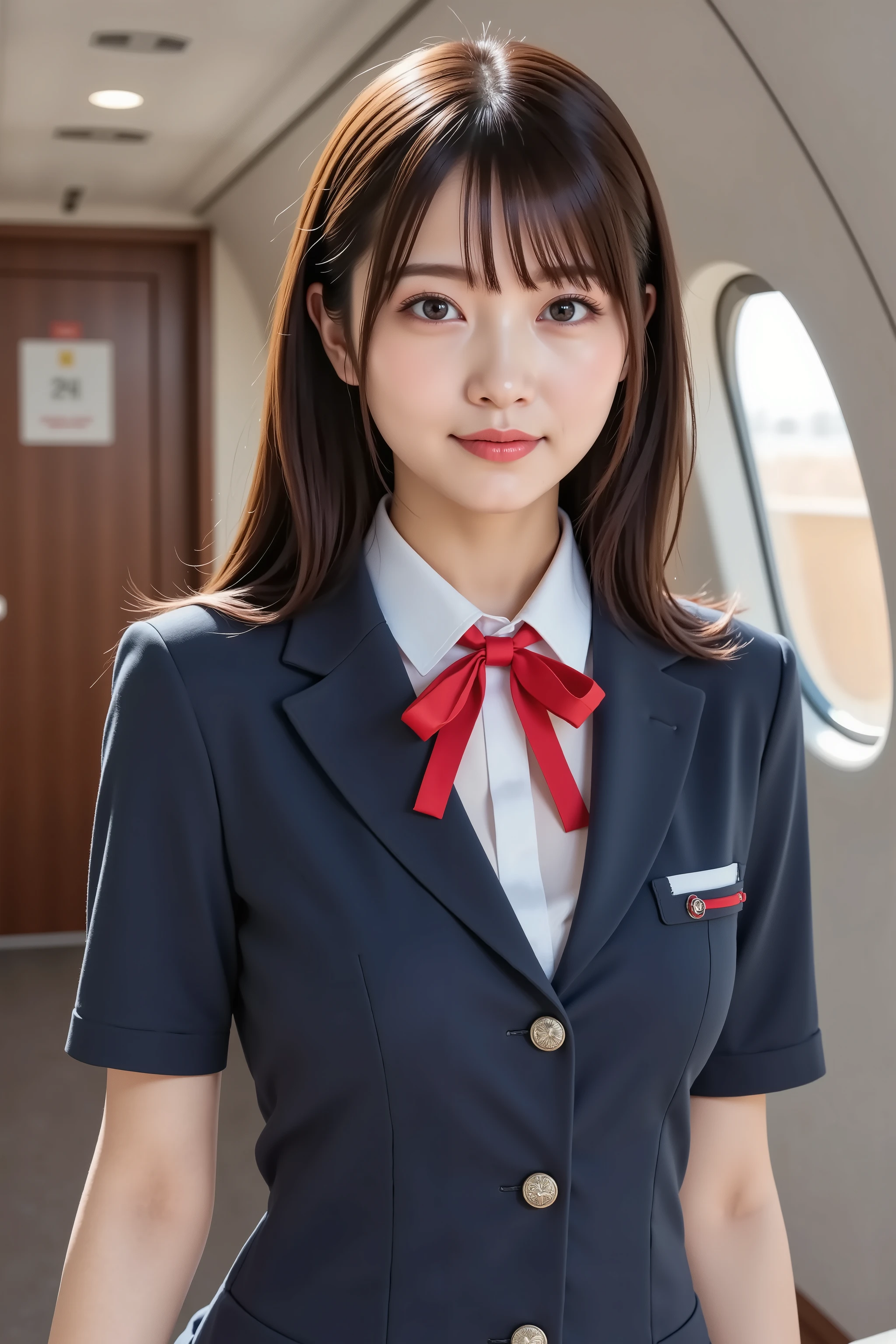 firm breast, by adjusting the framing so the subject's full head is visible within the composition, a highly detailed and realistic digital illustration of a female character in a stylized military-inspired fantasy outfit, realistic high-resolution photograph of a female flight attendant, captured just below the shoulders, positioned fully within frame to avoid head cropping. she wears a professional, form-fitting navy blue uniform consisting of a short-sleeve blazer with metallic buttons, a white collared shirt visible underneath, and a neatly tied red ribbon bow at the neck. the name tag is subtly affixed above her chest pocket on the blazer. sleeve cuffs are white, providing sharp contrast against the navy fabric. her uniform is clean and symmetrical, with precise seams and a modern tailored cut. the fabric has a slight matte texture, absorbing the ambient light in soft gradients. behind her, the aircraft cabin stretches out, lined with soft gray paneling and distinct curved architecture. one window captures a warm sunset glow, projecting amber light into the narrow aisle and subtly illuminating the contours of her shoulders and upper body. the walls curve upward to meet the ceiling with seamless transitions, giving the cabin a sleek, enclosed look. the ambient light source from the side window creates a natural highlight on the outfit's surface, emphasizing the folds and creases in the blazer. background details such as the emergency exit door, overhead lighting panel, and shadows across the aisle contribute to the realism. ensure her head is fully visible and the framing includes the background environment without obstruction. textures and lighting should emphasize the professional atmosphere, and the depth of field should subtly separate the figure from the background while retaining focus on the uniform's structure. shadows should fall naturally along her arms and across her midsection, emphasizing the fabric's form and fit.