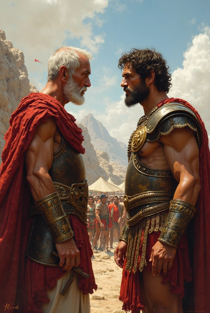 Hyperrealistic image of two Roman gladiator men from the 2nd century AD.c. Hugging a bare-chested African man A very old and very sweaty superhero with very grey hair A very muscular 80-year-old bodybuilder and a fat 20-year-old young man who weighs more than 200 kilos with a bare torso and large, flabby pecs, Huge tattoos Big brown nipples A grey moustache Dressed in a leather skirt and leather sandals in the arena of a 2nd century Roman circus.c.