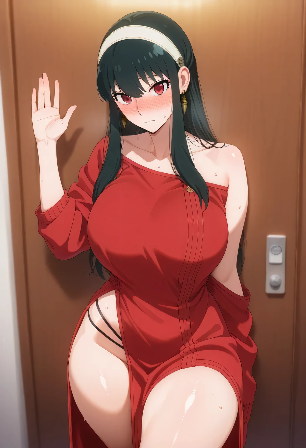Look at the audience with a smile，Big breasts，Slim，long legs，Bright light,Frontal lighting，((Messy red silk nightdress)),beautiful girl,Hands behind you，Shy posture，Exquisite facial features，A plump chest,((long black hair))，露出long legs
