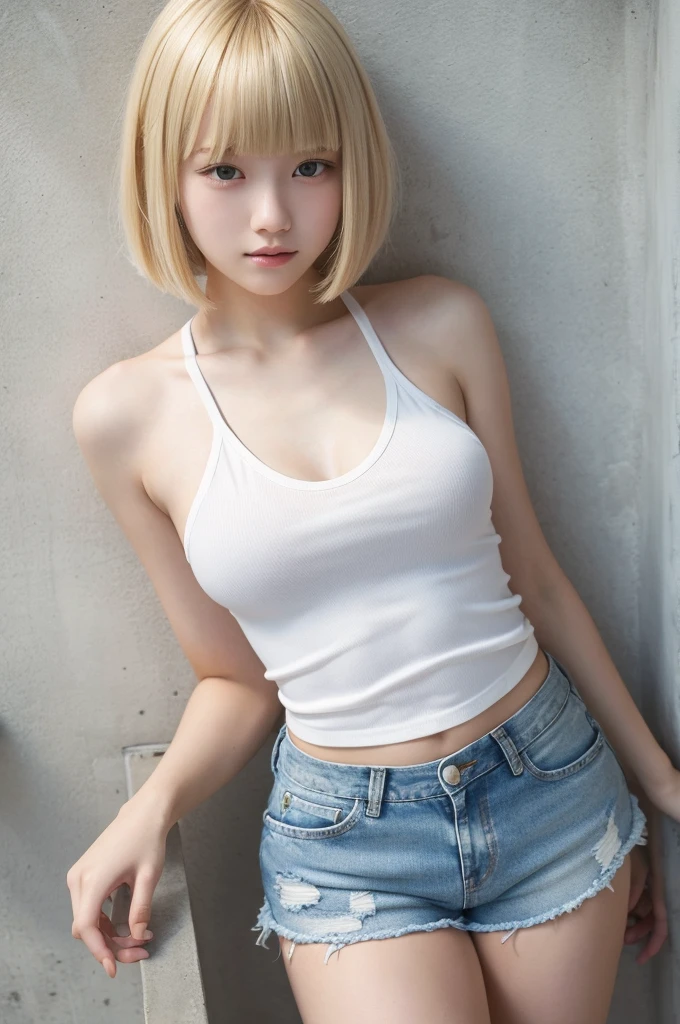 a Japanese cute girl, Princess cut and bangs on short pastel blonde hair, In the downtown area at night、sitting on stairs、Sportsbra、Perfect Anatomy, Centered, near perfect, Dynamic, Very detailed, Smooth and sharp focus, Full body shot, 8K, masutepiece, Fine details, Rich colors, Intricate details