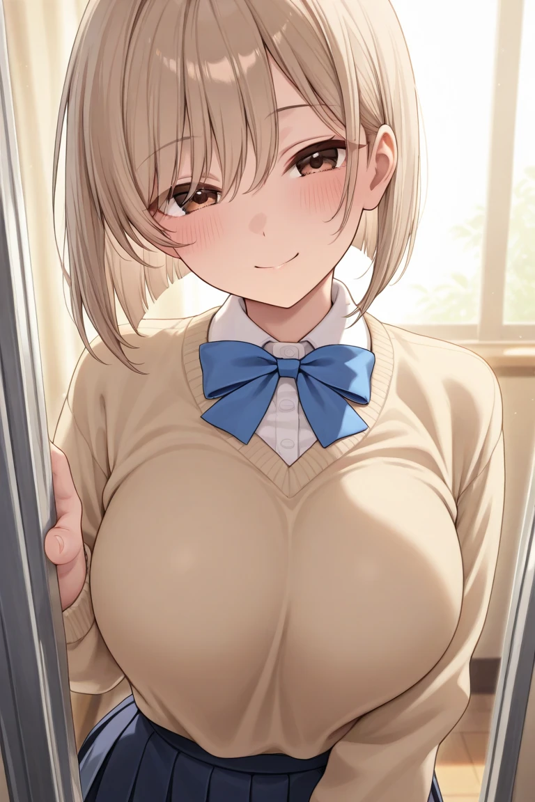 blonde, short hair, girl１, in the School classroom, (upper body), completely nude, (small nipples:1.2), (small areolas:1.2), kawaii, cute, purple eyes,(open white shirt),(shy), (blush),light smile