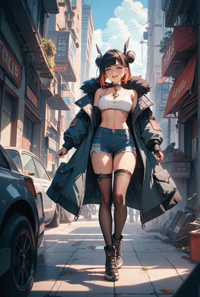full body, cowboy shot, Masterpiece:1.2, high quality, best quality, high resolution, detailed, hyper realistic, 1girl, medium brown hair, blue eyes, head tilt, sunset, birds flying, cherry blossom, closed eyes, smile, showing teeth, (detailed face), ((sharp focus)), (full body shot), neon signs, ancient ruins, robot <lyco:envybetterhandsLocon_beta2:1.0>, (robot fox face mask), (fishnet)