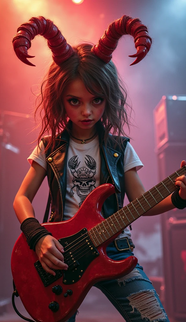 BOY BLONDE CHILD LONG AND BIG STRAIGHT HAIR, WITH LEATHER JACKET , PORTRAIT, a black electric guitar with a guitar case, amplifier and accessories, mat black metal, obsidian metal, electric guitar, evil guitars, dark metal, full product shot, kit, electric guitars, rock, futuristic electric guitar, lead guitar, guitar, black horns, rock star, black, dark tone, Black Metal Style, Intense Details, Black Crow, Vanta Black