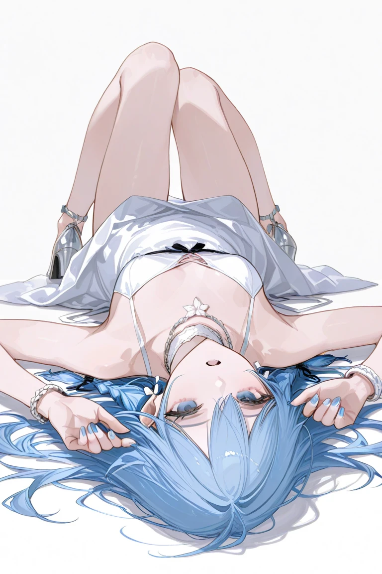 YelanV4, ((Yelan lying face down)), naked showing vagina from behind, Looking back, (face detailed), blue colored eyes, (detailedeyes), symmetrical eyes, detalhes faciais, athletic back, voluptuous body, Waist slender, High definition, 8K, , , Close-up da bunda