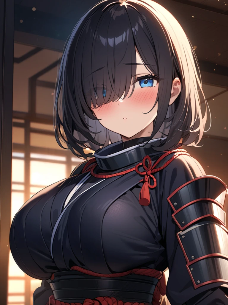 A girl with short black hair with white cheeks, brown eyes, and a height of 1.56 with big mules and medium tits