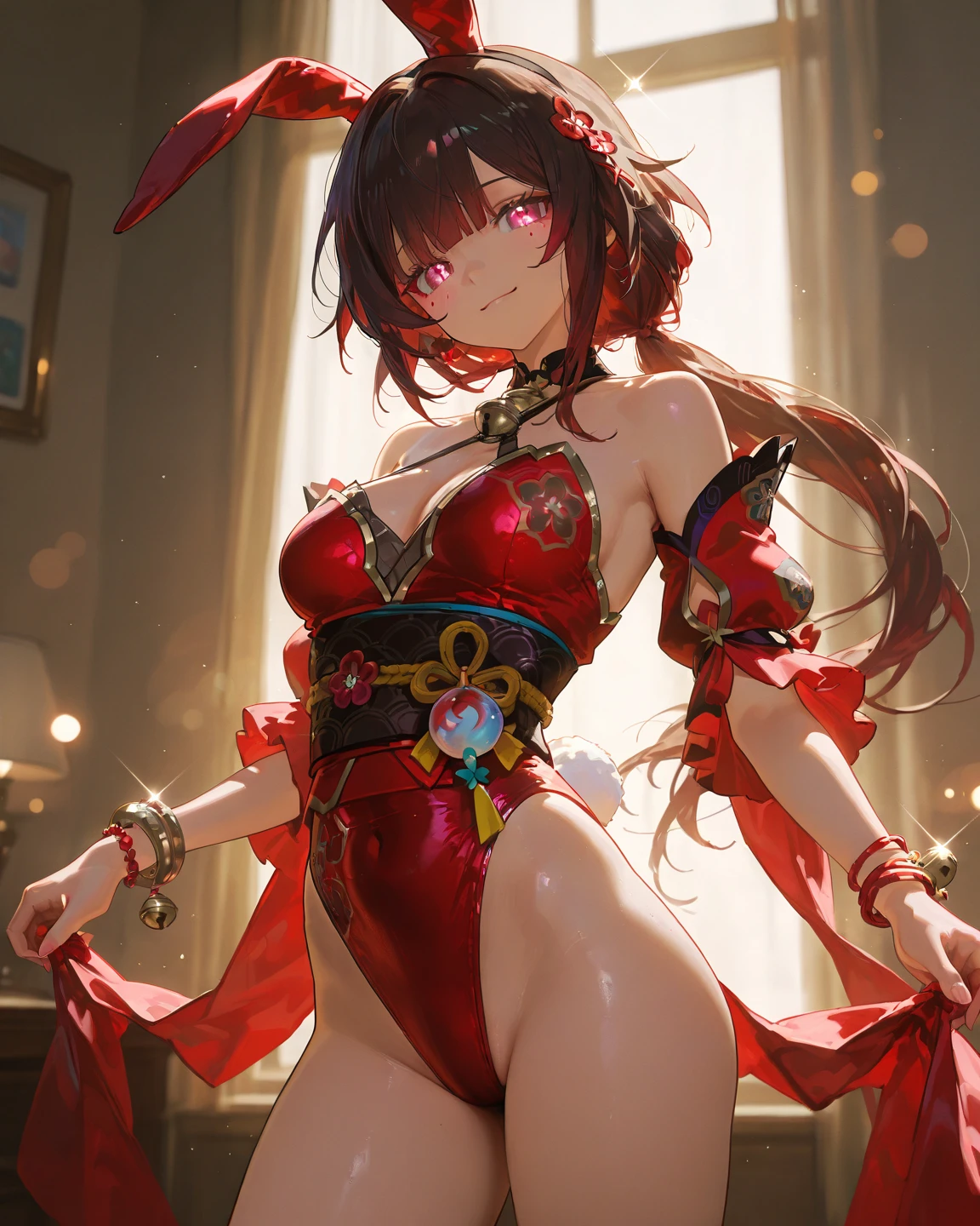 A Female robot exposes her inside mechanical organ. spread legs, nude, banzai pose. she wears no dress. Her Brown very short pigtails is tied with two big red clothespins, masterpiece, mature, android, blue eyes, full body figure, Height: 160cm, flushed cheeks, Uplifting, No NSFW, whole body, barefoot, archaic smile, orgasm, sweat bucket. no panties, full body shot, floating hair, looking away. cyborg made from rung to heaven. She leans arching her back hi-res position.