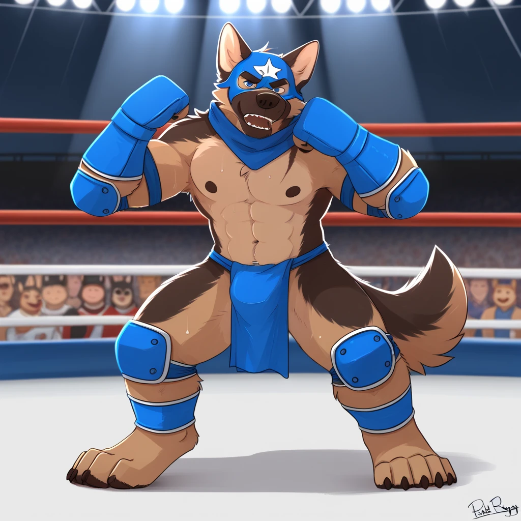 Super muscular adult boar beastman,(Wear a full uniform:1.7),Open your mouth and stick out your tongue,Surrounded by erect penises,(a large amount of semen on the face and body,:1.6),wrestling,(Deep Throat:1.3),(Nipple ring piercing:1.3),Cumshot from huge red and black erect penis,scrotum,(Masked:1.5),Brown fur,Black hair and beard,(Handjob),Hands behind back