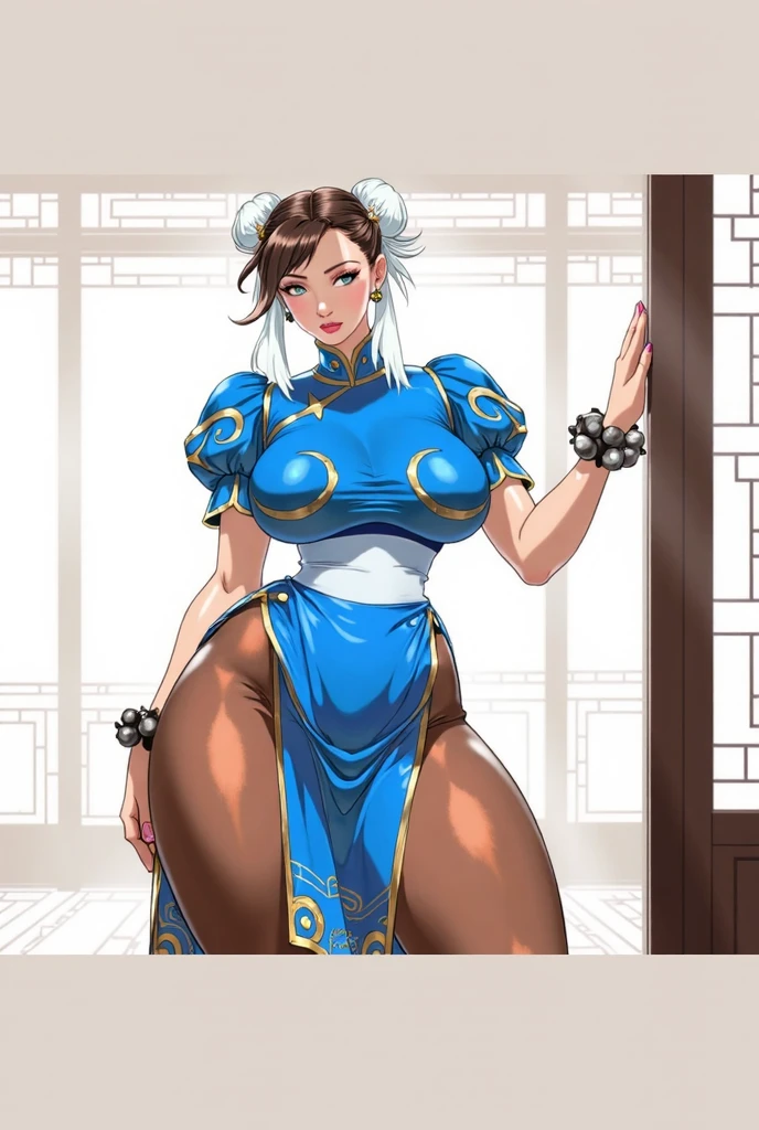 (full body photo),1girl,solo,ChunLi,,looking at viewer ,realistic,shiny skin,gigantic breasts,(beautiful face:1.1),(masterpiece, high quality:1.2) gigantic breasts, motherly, porcelain skin,mature female,