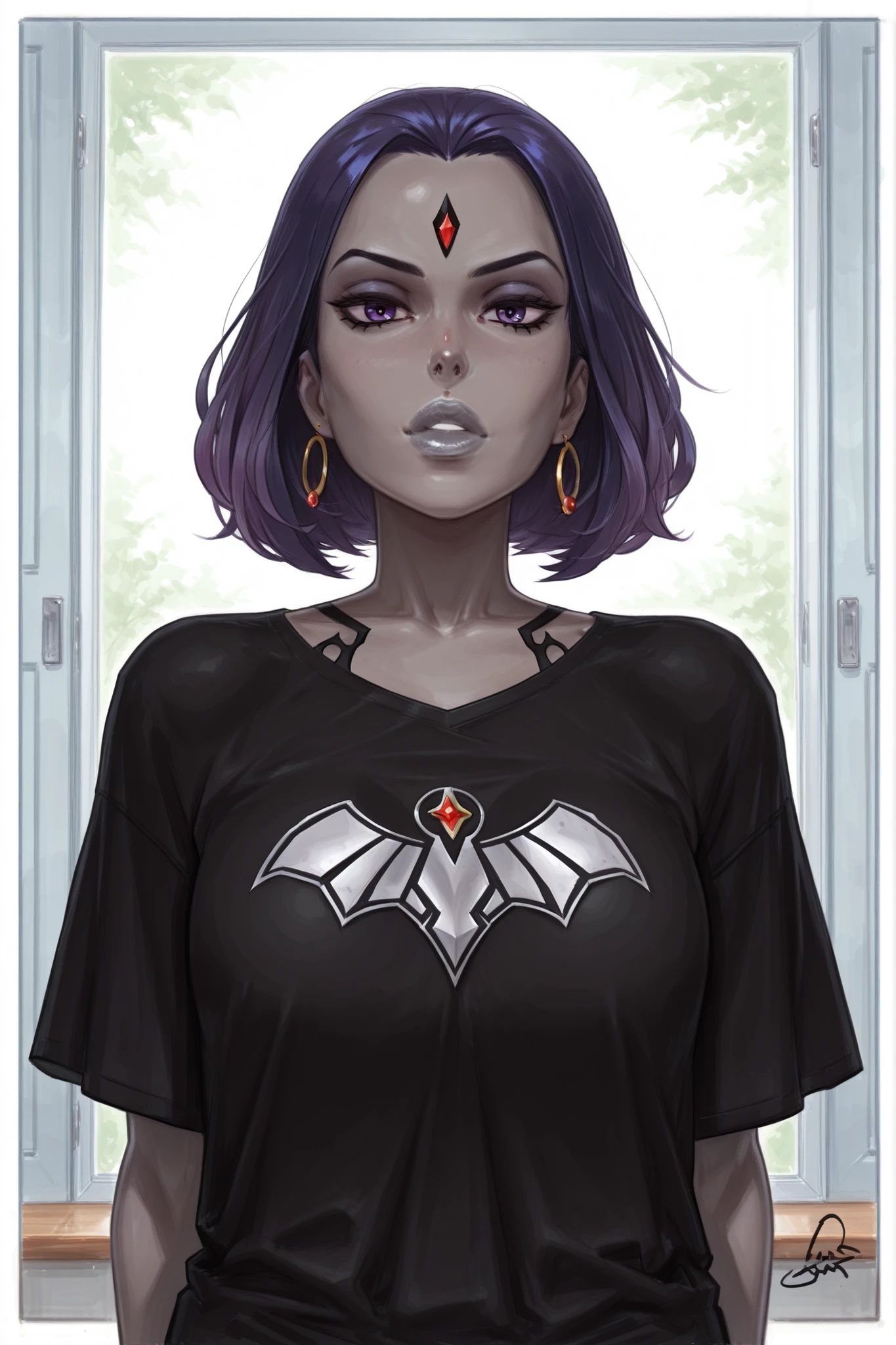 master piece, high quality, 4k uhd,hires,solo,raven from dc, grey lips, grey skin,two tone purple hair, oversized loose t-shirt