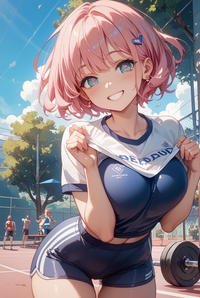((gym clothes)), 4 defined fingers, 1 defined thumb, looking at viewer, solo, 1 woman, 25 years old, AI generated, highest quality, masterpiece, perfect face, 8k , cowboy shot, short hair, (pink hair1.5), bob cut, black eye, (smile), thin thighs, medium breasts, perfect limbs, sexy, (visible nipples:0.6), (camel toe:0.7), ((arms behind back)), ((metallic costume)),