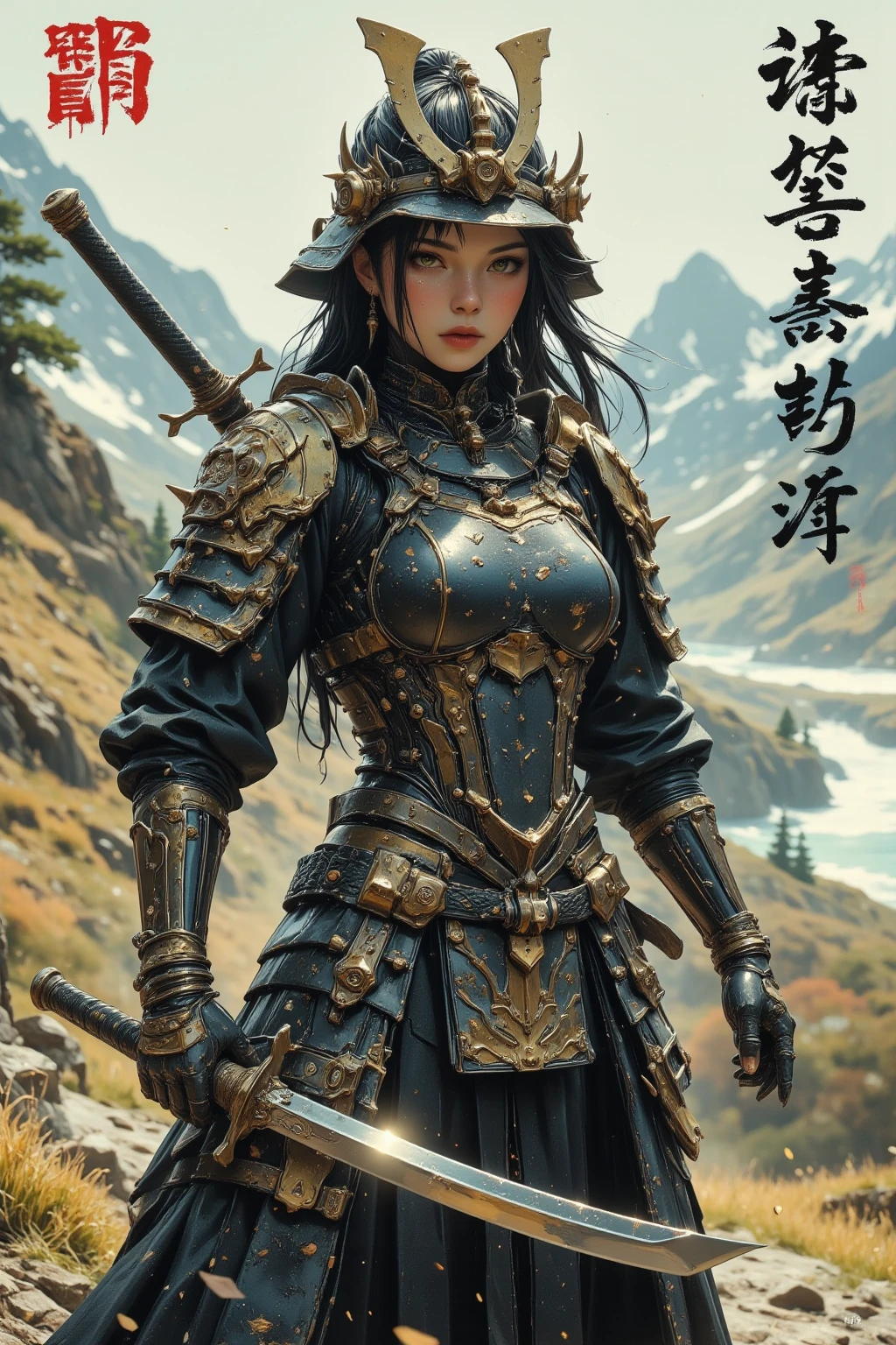 Ancient Chinese architecture,Female warriors in national style,Wear revealing armor,Simple clothing, Minimalist style,Mixed Chinese and American races,The background is blurred out,focal,Cowboy shot,电影灯光,(((tmasterpiece))), ((best qualtiy)), ((Complex and detailed)), ((ultra-realistic realism)), Ridiculous resolution, A MILF, Mature woman, ssee-through, highly detailed, illustratio, 1girll, (mediuml breasts), Thin waist and thick hips,long leges,beatiful detailed eyes, short detailed hair, brunette color hair, a purple eye, blackstockings,lacy clothing,with faintly visible,Cool armor,The body proportions are perfect,(No underwear:1.2),detailed back ground, perfect eyes, Seductive eye, (nice hand),Detail hands,looking at viewert,From the front,Wear light,juicy legs,deep v big breasts,Tattooed with