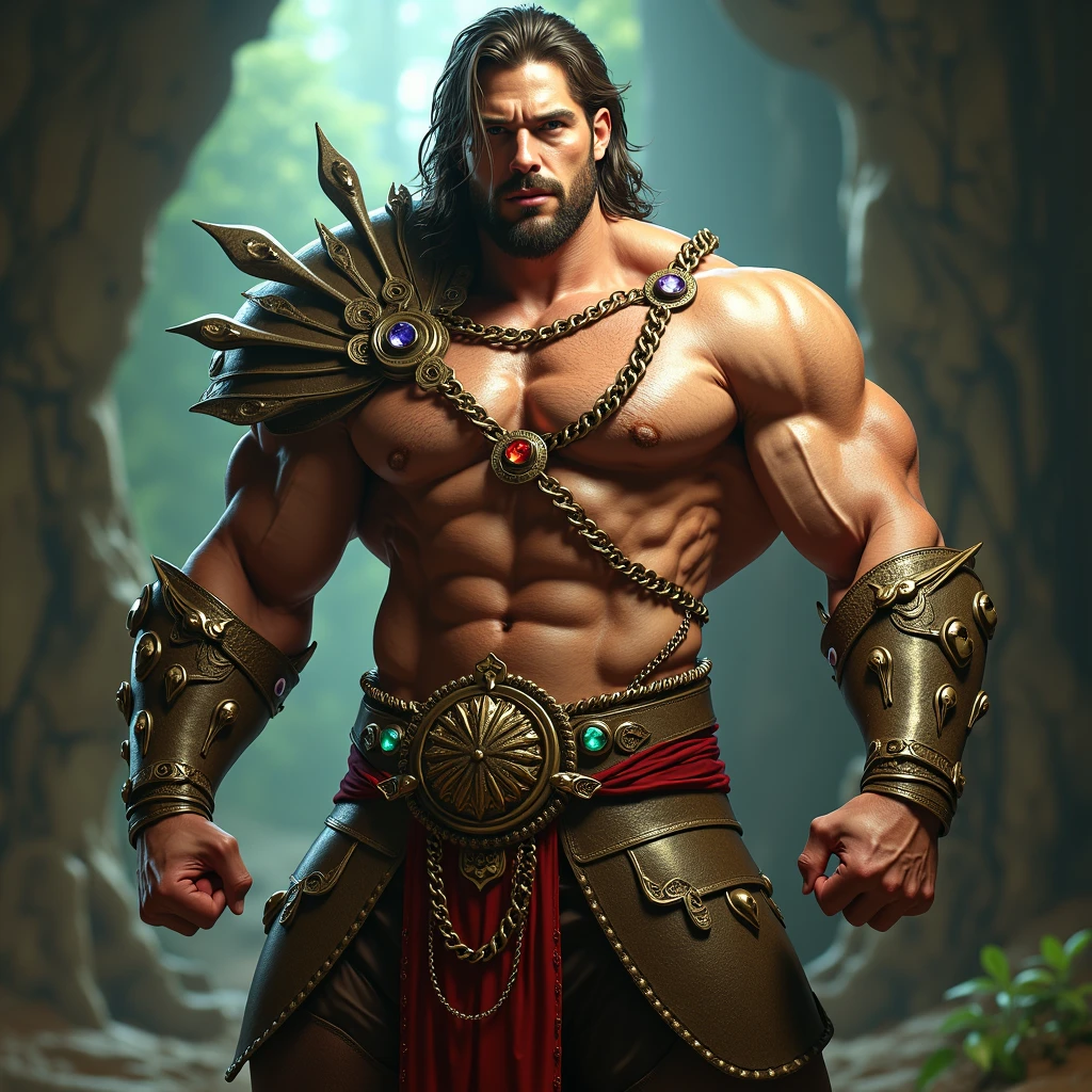 Sculpted warrior, exposed upper torso, legs bared from thighs to feet, flowing long curls, intricate muscular details, photorealistic depiction, 4K resolution. Background: Ancient temple ruins in a lush jungle,32k uhd, best quality, masterpiece, super detail, high details