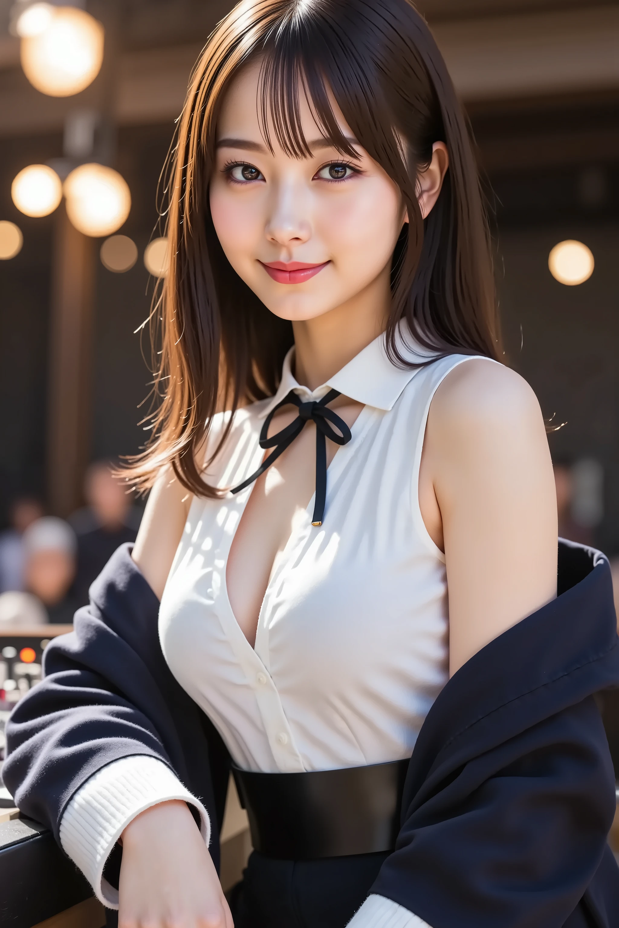 8k, RAW Photos, Highest quality, Tabletop: 1.2), (Realistic, Photorealistic: 1.37), Very detailed, 1 high school girl, Super Beauty(Like the real thing), alone, Beautiful detailed sky, Detailed Coffee, night, Sitting in the store, (Big smile: 1.1), Long brown hair Medium chest, Beautiful detailed eyes, (Collared shirt: 1.1), A bow tie, Pleated skirt, Beautiful expression Ultra-high resolution,Ultra-Realistic Skin,masterpiece,Highest qualityのPhotorealisticなRAW Photos。Bright colors,Rich colors, Backlight, Cinema Lighting, Film Grain, 50mm lens, Nikon D850,Beautiful expression,Fantasy art,Character Art,View your viewers,Top view,,Accentuate your cleavage,Dynamic pose,
