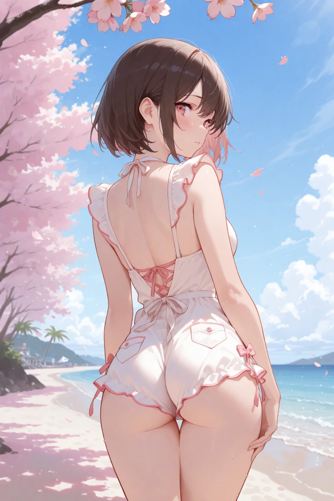 Very detailed, highest quality, High resolution, Moe Anime, ((A cute girl with black hair and droopy eyes looks back)), (Baby Face), Cute eyes, Detailed eye depiction, Sparkle in the eyes, View your viewers, Pale skin, (Big eyes:1.4, Droopy eyes:1.4, torogao:1.5), Focus on the face, In the park with cherry blossoms falling, (On all fours:1.4), (((From the back:1.2))), ((Sheer white lace sleeveless dress)), Bright Eyes, Pink ribbon, ((Small Ass:1.4))