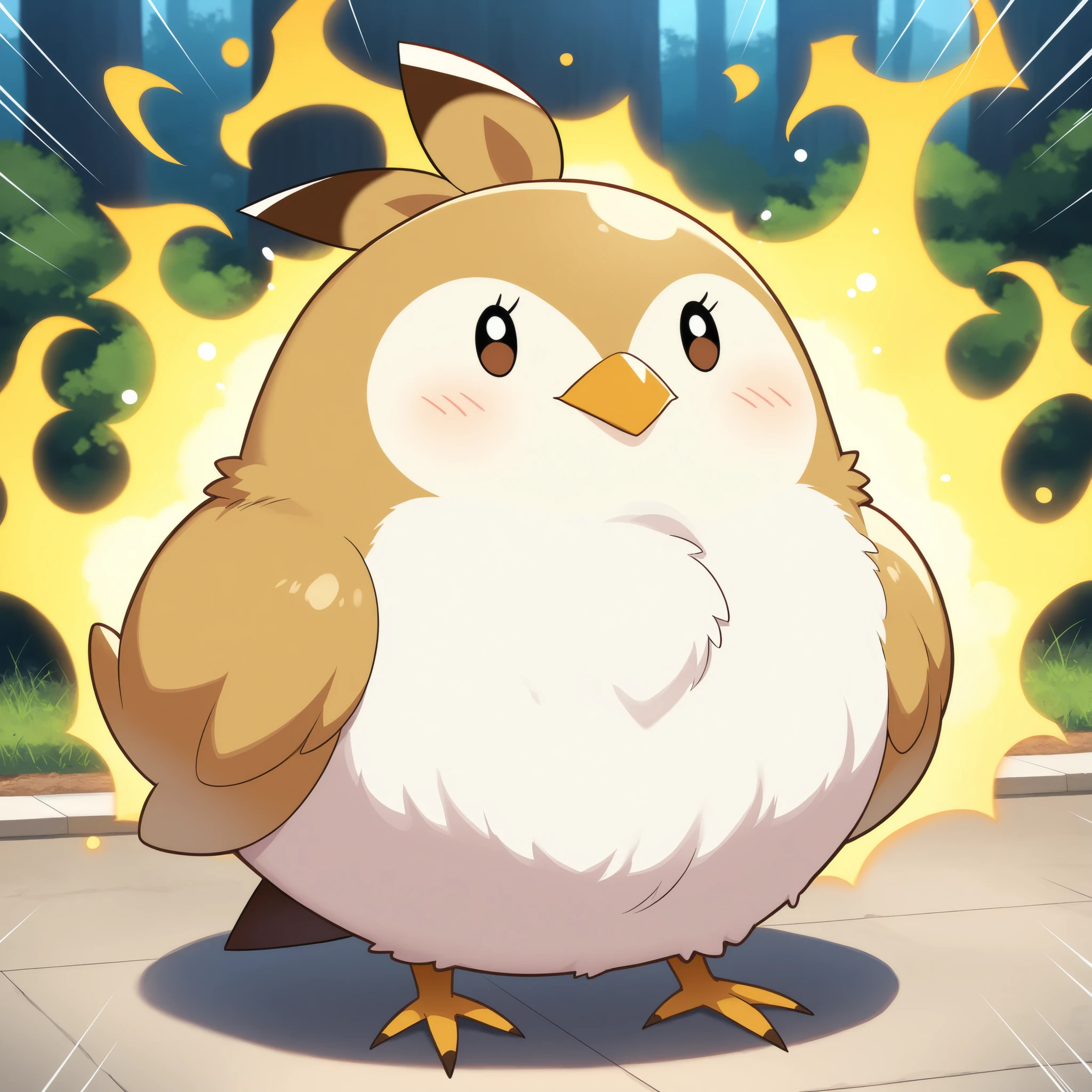 Masterpiece,Best quality, ultra detailed,Japanese Anime style, (pure golden sparrow mascot) , round body, fluffy body,simple face, cute appearance, His body was sparkling, his body was surrounded by a golden aura, shocked,outdoor