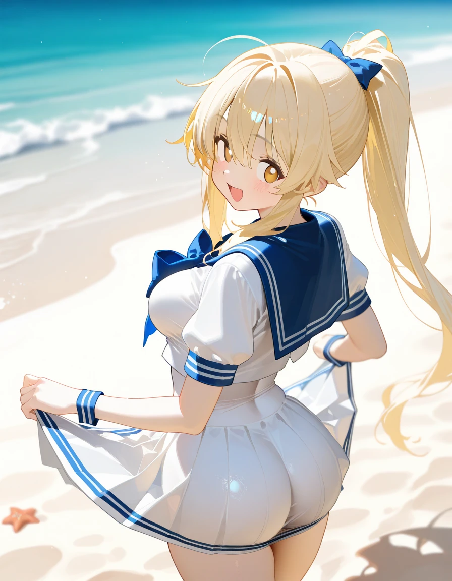 Masterpiece, best quality, Yukka Ende, ((embarrassed, blush, open mouth )), ( close up crotch ), outside, day, ocean, red small hair bows, shiny blue eyes, 1girl, solo, no skirt, white panties, lying on beach, spread legs, wet panties, (orgasm), (no smile), pantyshot, one eye closed, feeling good, crying face, crotch seam, cameltoe, stretching toes, kneeling, stained panties, pussy juice stain, (surprising), on all fours, from behind, ass, hand on panties
