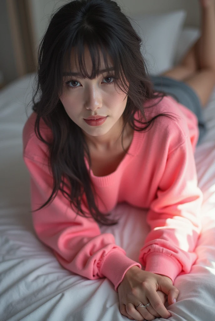 A beautiful woman was lying on the bed