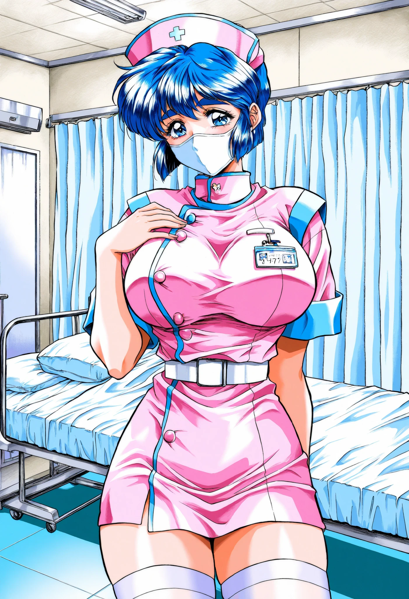 Score_9, score_8_up, score_7_up, source_anime, Mamiya_Chisato(Nonomura_Hospital_PC98), 1girl, solo, blue hair, blue eyes, short hair, thick eyebrows, huge breasts, (best quality), (high quality), {masterpiece}, extremely delicate and beautiful, ultra-detailed, beautiful detailed eyes, pink nurse, name tag, nurse cap, short sleeves, belt, nurse cap, short sleeves, white thighhighs, hospital room, ((white mask, mouth mask, covered nose)), standing
