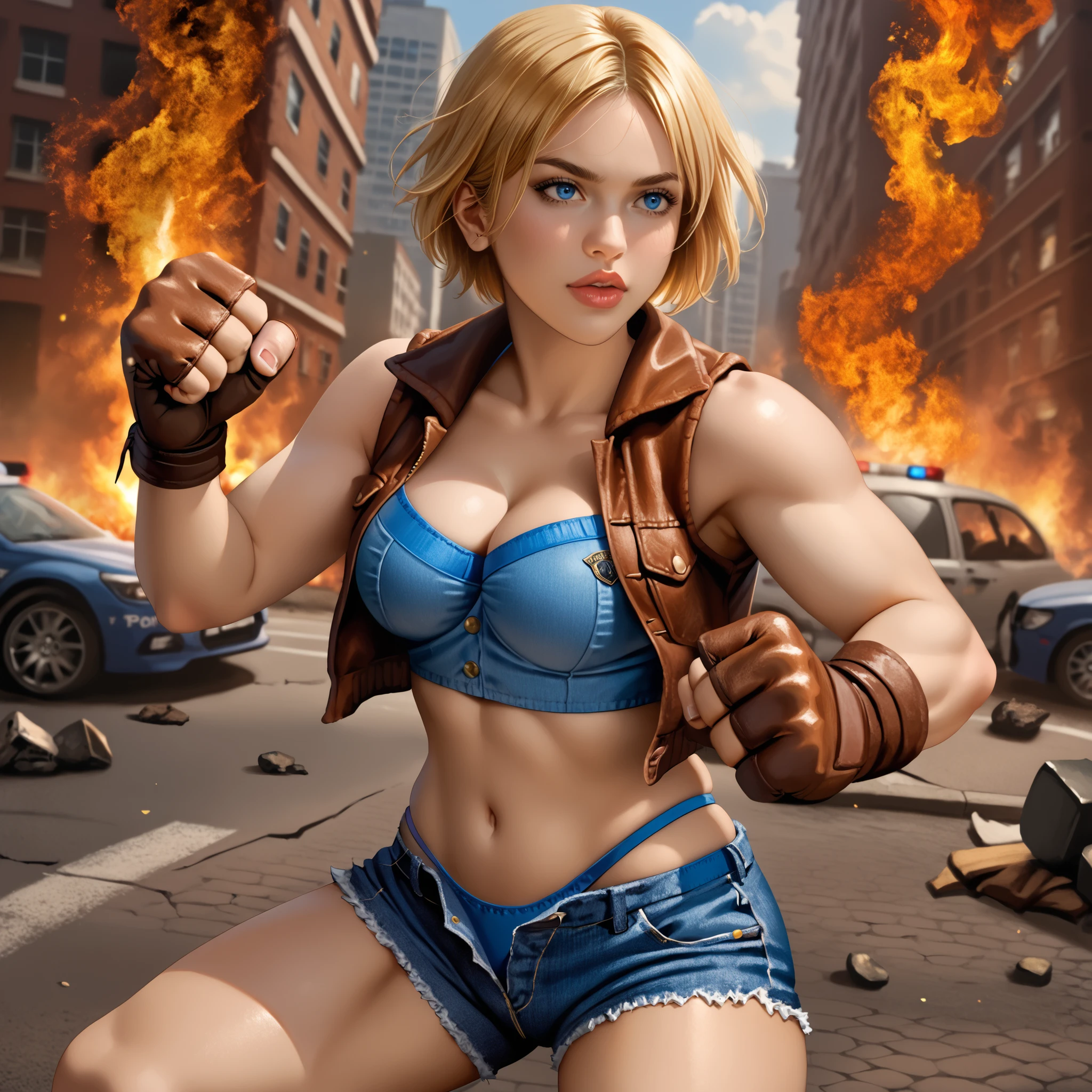 score_9, LuciaSFV, 1girl, short hair, blonde, voluptuous and sensual body, big breasts, big ass, blue denim sports bra, brown vest, brown fingerless gloves, short jeans, low-rise shorts, blue thong straps showing, fighting position, expression of rage, street with burning buildings, destroyed and burning police cars, debris, day, dynamic angle, absurd, realistic, high quality, detailed