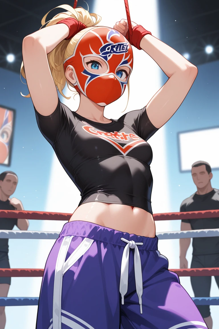 high quality, Evil Girl, blonde wavy hair, arrogant smile, in a tight villainess boxing suit, in a villainess masquerade mask, wearing dark boxing gloves, standing in a dark boxing ring in an empty gym, holds hands in boxing gloves at head level in defense
