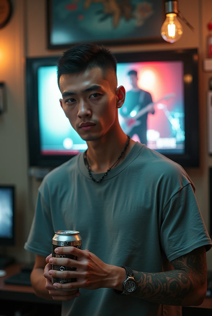 Small dark-haired man with short hair with a cigarette in his mouth and a Playstation 5 controller in his hand with a charging cable connected, next to it are Cola and chips and a tattoo on his chest Broeckel