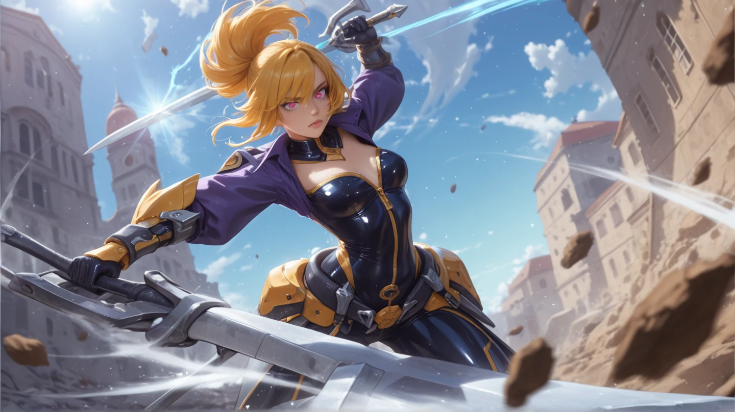 A short straight blonde haired british girl, bang, bob cut, blue eyes, 15 years, young, pale skin, slender body, small breast, tiny chest, Ultra high res, uhd, (photorealistic:1.4), doll-like face, futuristic armor, plasma sword