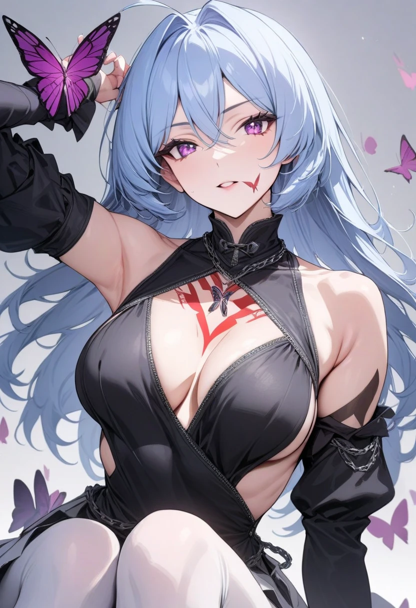 最high quality、best image quality、masterpiece、teenage girl((18-year-old、 By becoming、vest bust、medium bust,wide open breast tea、black eye, blue hair、ponytail、thin,highest valley、Perforated gloves、Android Body)),high quality、beautiful art、background((Magic House)),debris flies、Depth of written boundary、movie、visual art、perfect art、8K,genuine
