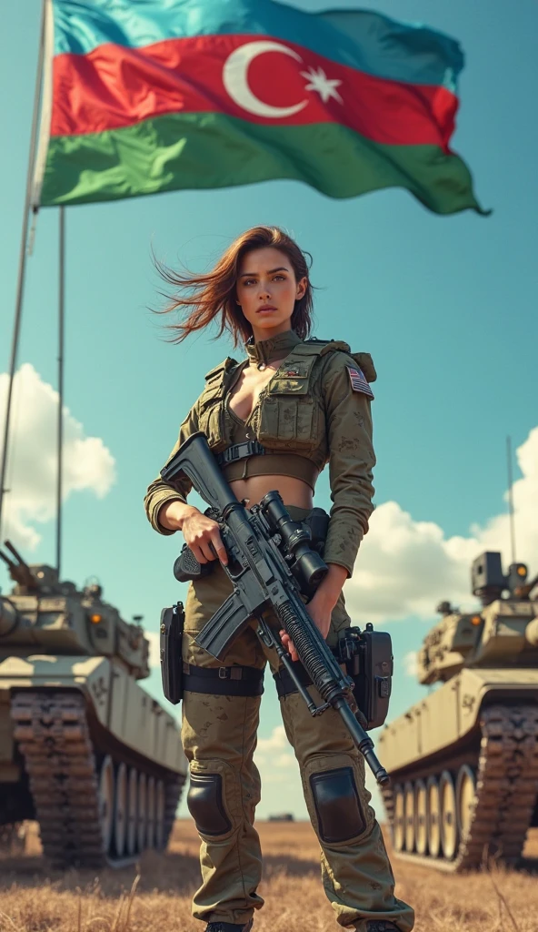 8k , quality, Artwork,arme , fusil d'assaut FAMAS, Special Force Woman, Tanks in scenery, large breast
