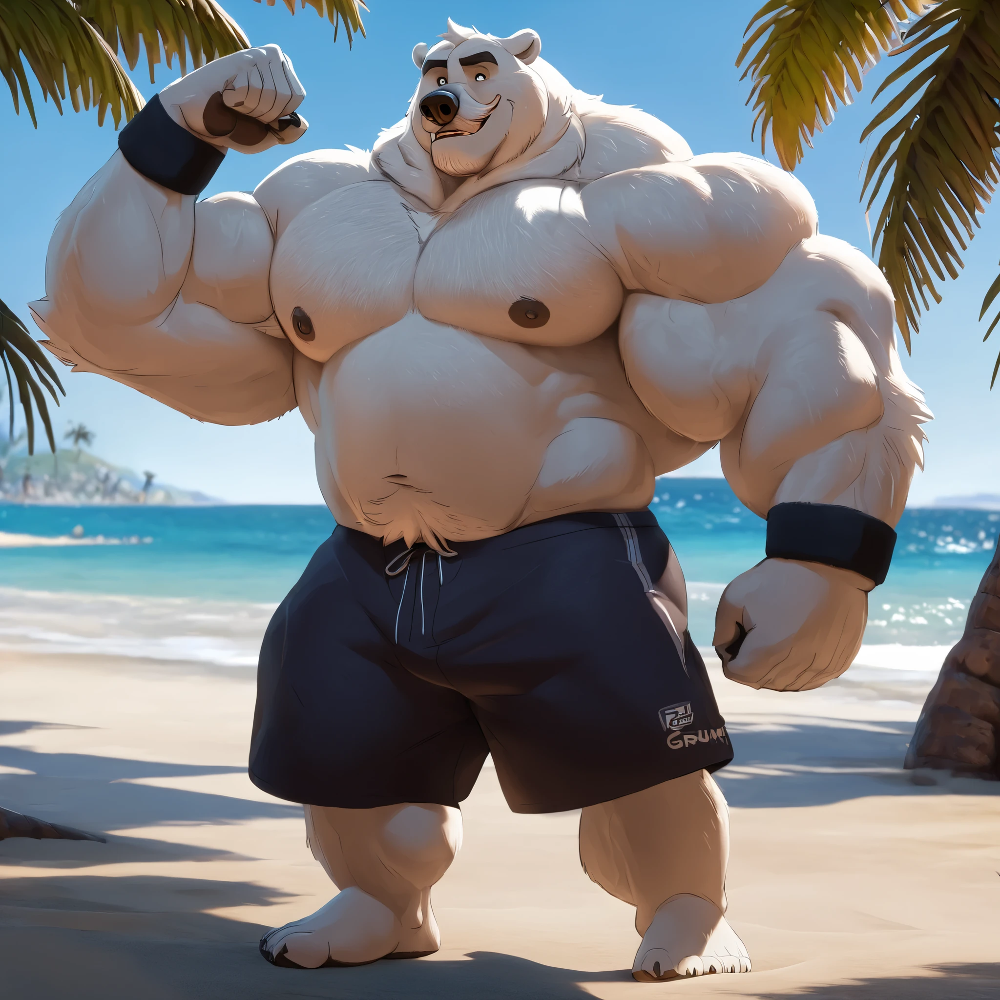 huge muscular polar bear in beach, big hulking flex, grunting smirk, polar bear, huge white fur, thick arm, huge arm, added thick gray moustache and beard, short white hair, (veiny muscular, broad pectoral, wide pectoral, thick arms), beach, palm, Disney, 8k, masterpiece, gray eyebrows added, added eyes with blue pupils, (wearing black swim trunks, wristband, shirtless, topless, half naked and feet), flexing his biceps
