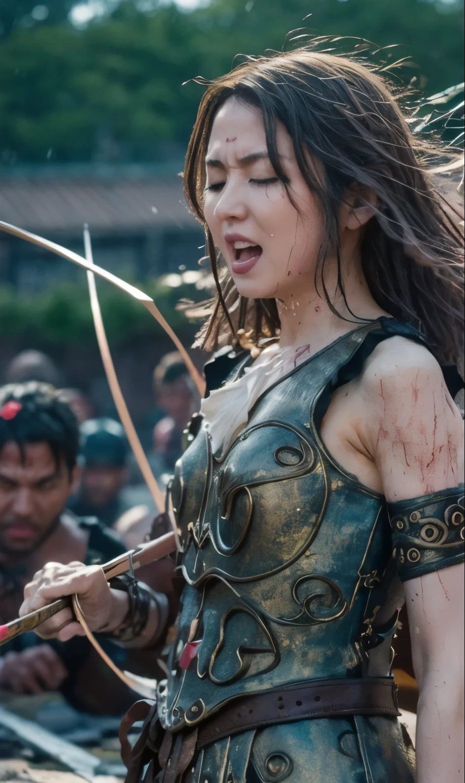 A bow and arrow are stuck in her body , Agony, Cry of Pain, eyes closed, masterpiece, high resolution, scratch, Torn, scratchだらけ, , dirt, wet, It's raining heavily , Clothes are torn 、I can see his chest and nipples , panties with DECOR , 打撲scratch, scream