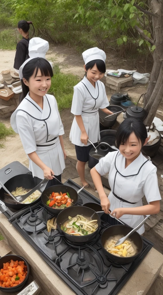 Woman dressed as a cook, standing there sucking on a huge cucumber
