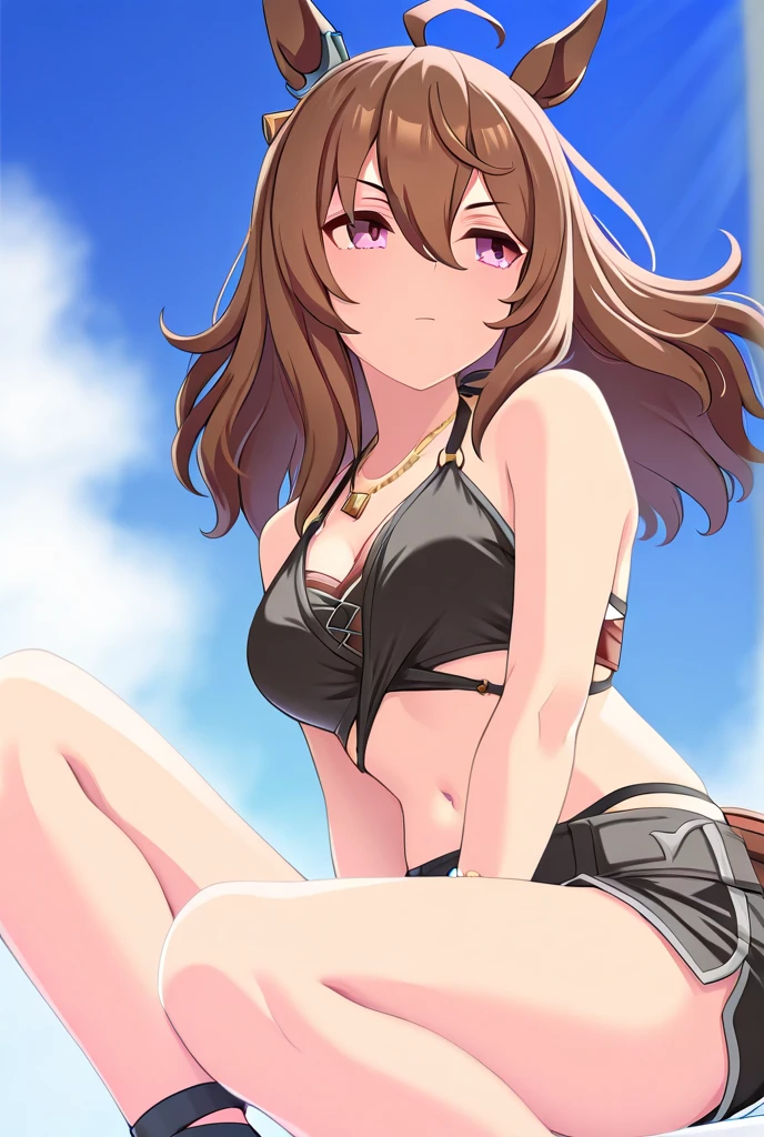 icm-rin, bikini, yellow eyes, brown hair, ahoge, long hair, ponytail, brown eyes, collarbone, medium breasts, full body, solo, 1girl, highres, high quality, masterpiece, many details, outdoors <lora:icm-rin-000003:0.5>