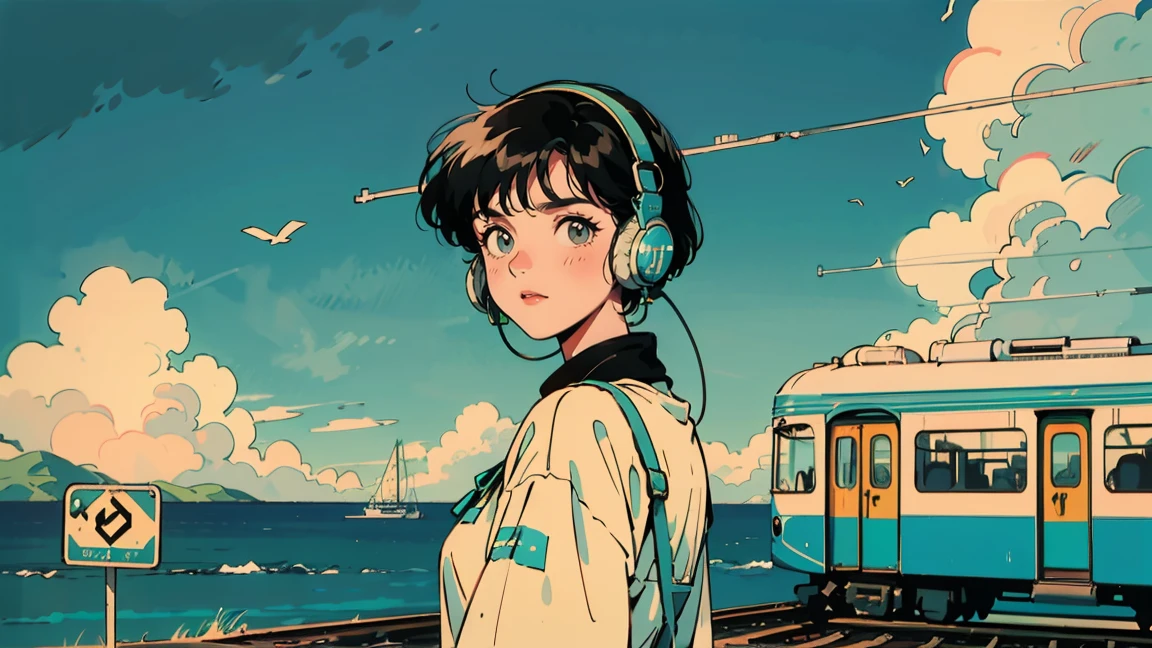 A coastal railway scene with a green and yellow tram stopped at a crossing. Blue sea and sky with white clouds in the background. In the foreground, a 21-year-old girl with long hair in 1980s style, wearing white clothes that beautifully contrast with the blue sky. She's wearing headphones and looking back towards the viewer, standing in front of the tram. The overall color palette has a retro, nostalgic feel.