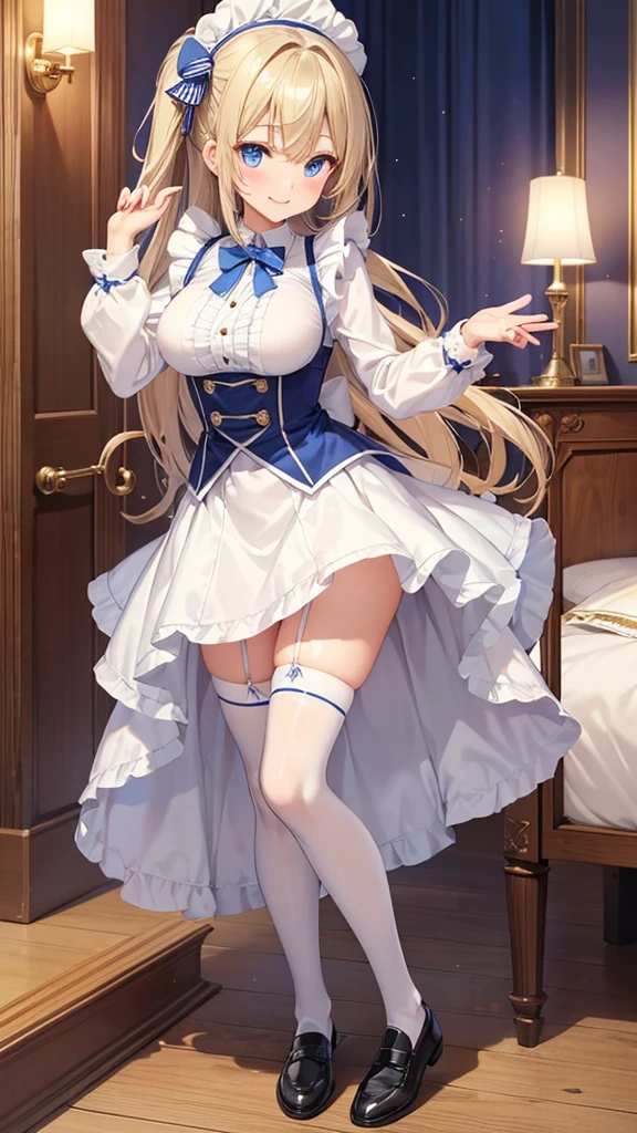 [blue:aqua:0.65] theme, masterpiece, a girl's masterpiece, detailed visual art, blue eyes, light blonde hair, long hair, collarbone, royal princess, elegant, gorgeous quinceanera corset, corset piercing, detailed layered skirt, [detailed frills: 0.1], [frilled dress: 0.1], embroidery, [details princess dress: 0.1], off-the-shoulder, big breasts: 1.3, open crotch, thigh seam, garter belt, groin, [NSFW| uncensored], (simple background: 1.1), low-winged, full-body