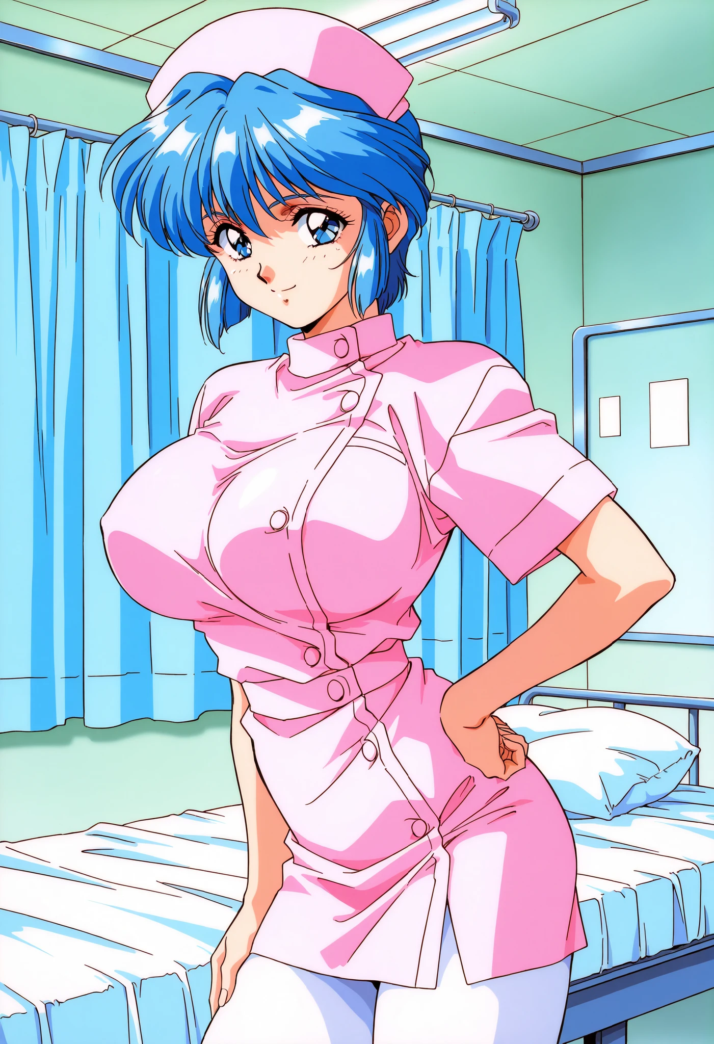 Score_9, score_8_up, score_7_up, source_anime, Mamiya_Chisato_OVA, 1girl, solo, blue hair, short hair, blue eyes, 1990s (style), huge breasts, bangs, (best quality), (high quality), {masterpiece}, extremely delicate and beautiful, ultra-detailed, beautiful detailed eyes, nurse, nurse cap, white pantyhose, hospital room, smile, closed mouth, standing