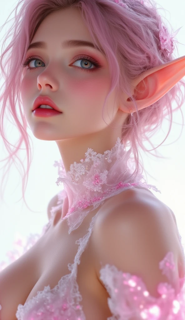 A realistic rendering of a David Wright style illustration of a very close, ultra close shot on the breasts of three pert, nubile, thin, freckled, teen girls, with 50s style, very short sandy blonde hair, topless, bare breasts, small breasts, little breasts, tiny breasts pink nipples , puffy nipples , exposed nipples , wearing clear, pink plastic body harnesses, clear, pink plastic choker necklace, clear pink plastic bondage straps , clear, pink, plastic lingerie, sitting in a clear, pink plastic bondage swing, open blouse, undressing, uniform, in a room with several clear, pink plastic bondage straps, partially clothed, clear, pink plastic, abstract, geometrical background, ultra close shot on breasts