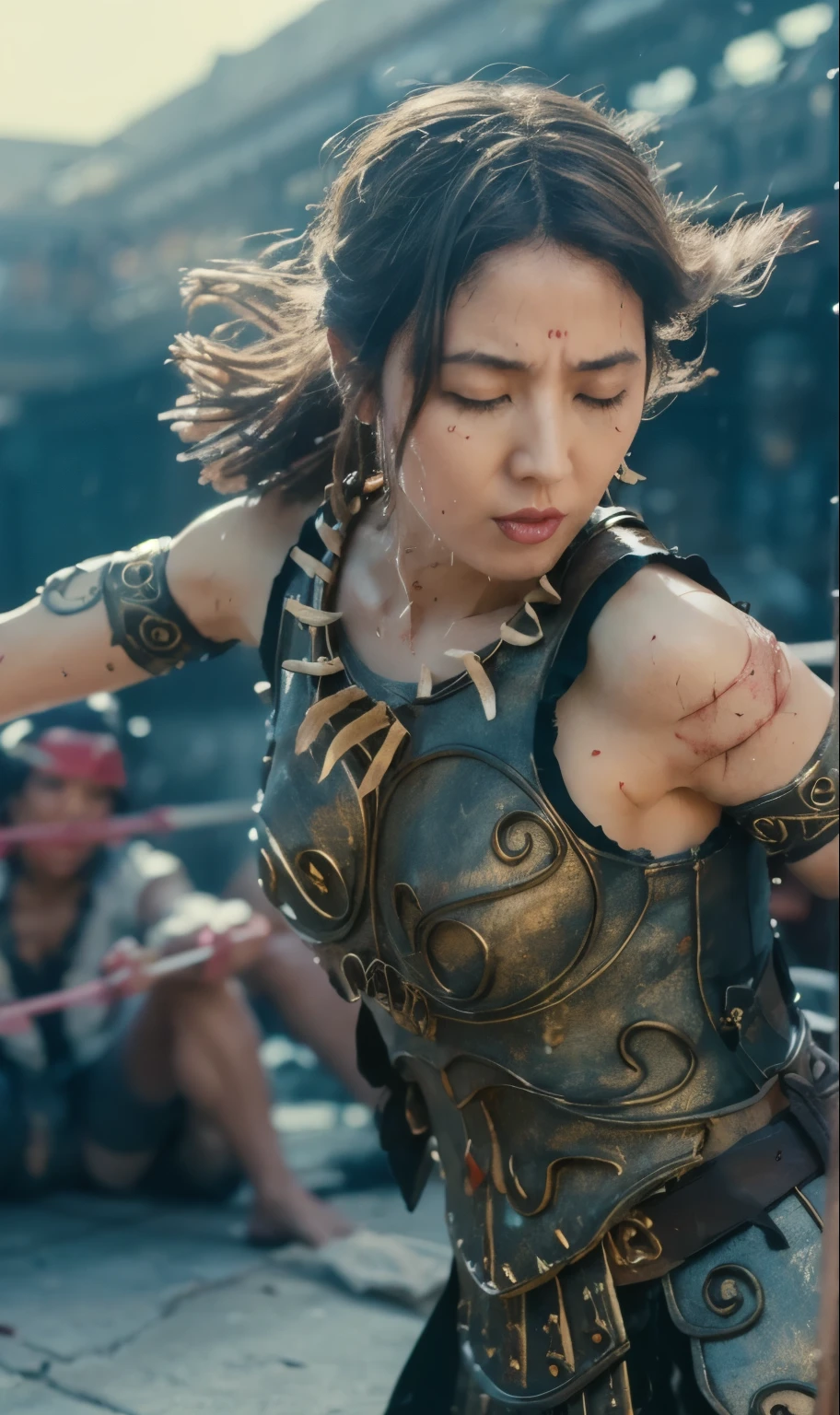 A bow and arrow are stuck in her body , Agony, Cry of Pain, eyes closed, masterpiece, high resolution, scratch, Torn, scratchだらけ, , dirt, wet, It's raining heavily , Clothes are torn 、I can see his chest and nipples , panties with DECOR , 打撲scratch, scream