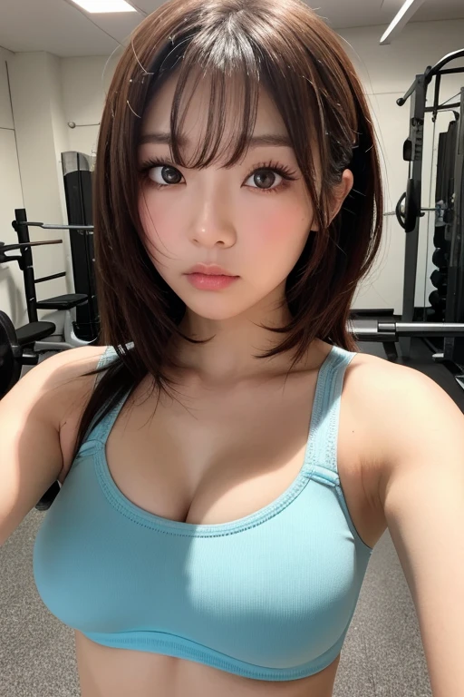 Hot girl, blue hair, blue eyes, in the beach, white bikini, sex pose, ((Top image quality、8K、​masterpiece：1.3))、Realistic high-quality photos、top-quality、girl cute-fine face、22 year old beautiful Japan girl、Photo of slim  model、Beautiful girl model、young japanese girl、Young cute face、japanaese girl、Beautiful Model Girl、The innocent look of the girl next door、lovely delicate face、Blue hair、Beautiful blue eyes、Tear bag、drooing eyes、young body、cleavage,[[Cameltoe]],Toned and glamorous body,(Tank Tops:1.3),(Hot Pants:1.3),Ponytail,Blue hair,Smirk,(Sweat in the chest),Looking at Viewer,((gym:1.2)),