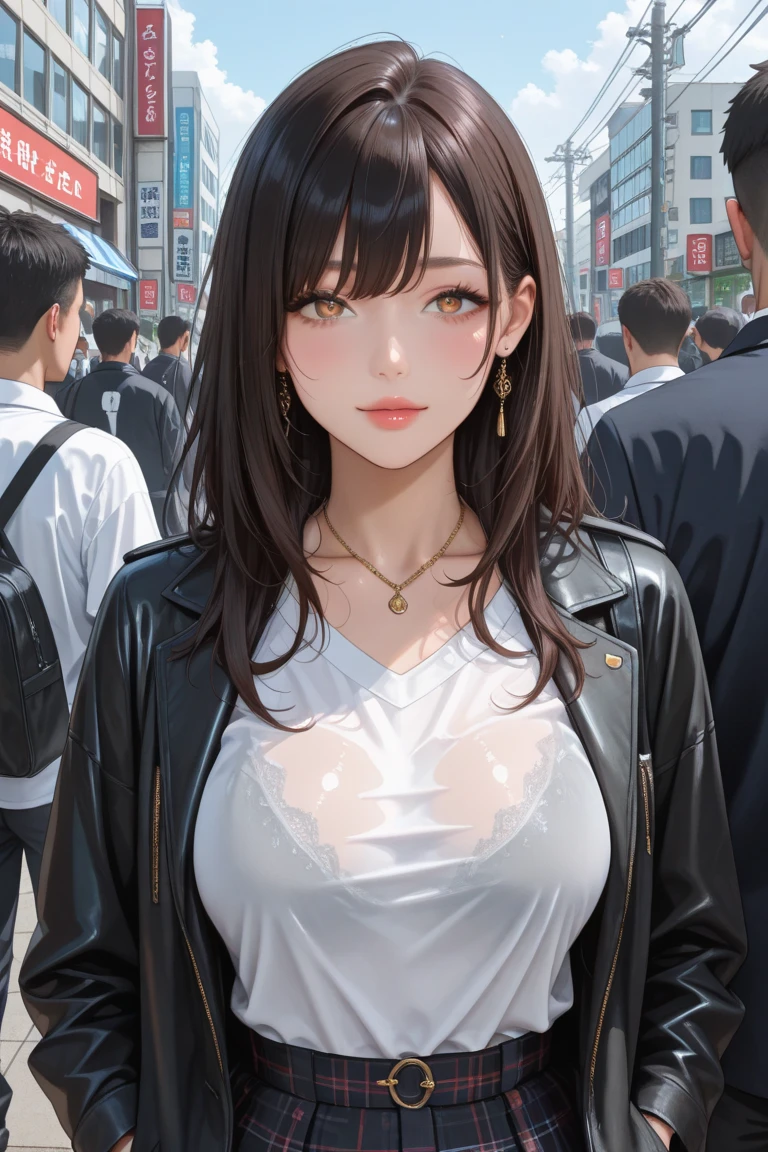 ((masterpiece,best quality anime,Highest quality:1.3)),realistic,cowboy shot,Mature Beauty,独奏,1woman,((very small head:1.3)),ideal ratio body proportions,tan skin,brown hair,bangs,straight long hair,gorgeous eyes,brown eyes,shy,(Wearing a black formal jacket、navel、Black leather collar、Black tight mini skirt),((slender body,skinny,toned body)),small breasts,sweat,gleaming skin,shiny skin,on street,Shinjuku、Modern Tokyo、