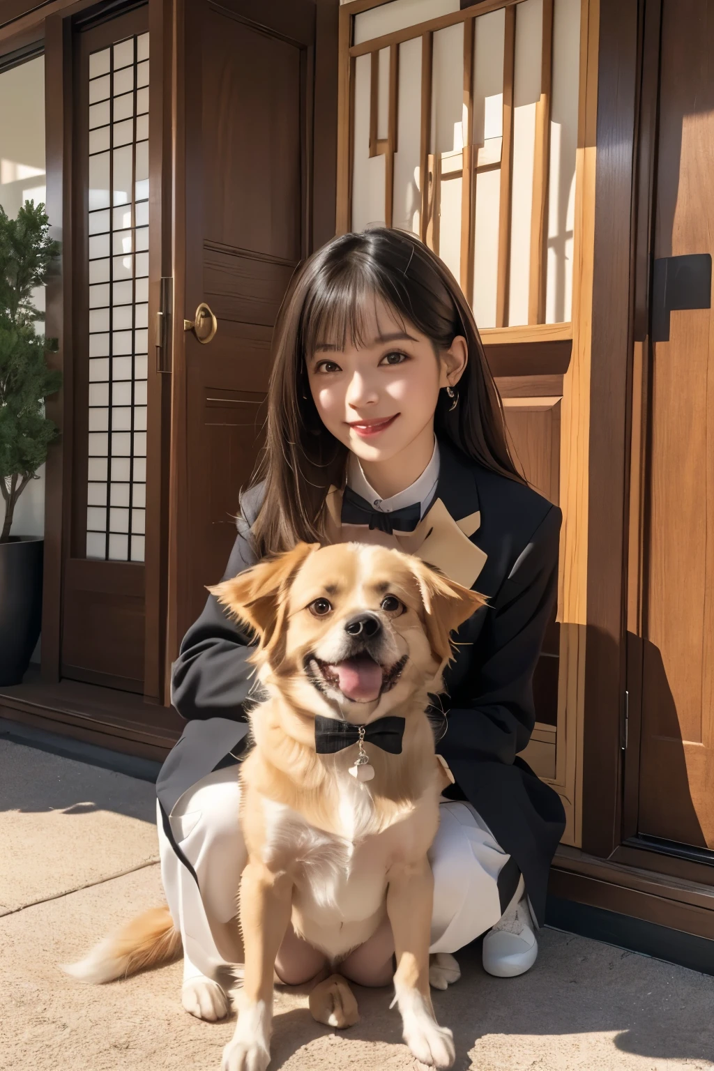 realistic、(In front of the front door of a Japanese house)、Dog and woman side by side、((Dog sitting facing the front))、((woman crouching facing the front 2.0))、One dog、1 woman、((large golden retriever))、((short shortcut 2.0))、((short shortcut 2.0))、 has bangs、(long slant eyes)、Foxy face、((2.0))、((Watch the dog 2.0))、smile、white long skirt、((bow tie on dog collar 2.0))、high image quality、8k