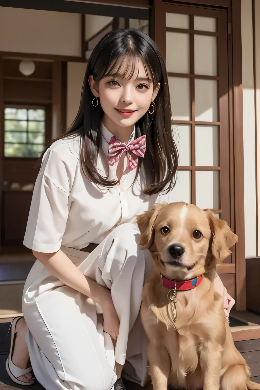 realistic、(In front of the front door of a Japanese house)、Dog and woman side by side、((Dog sitting facing the front))、((woman crouching facing the front 2.0))、One dog、1 woman、((golden retrievers watching dogs))、((short shortcut 2.0))、((short shortcut 2.0))、 has bangs、(long slant eyes)、Foxy face、((2.0))、((Watch the dog 2.0))、smile、white long skirt、((bow tie on dog collar 2.0))、high image quality、8k