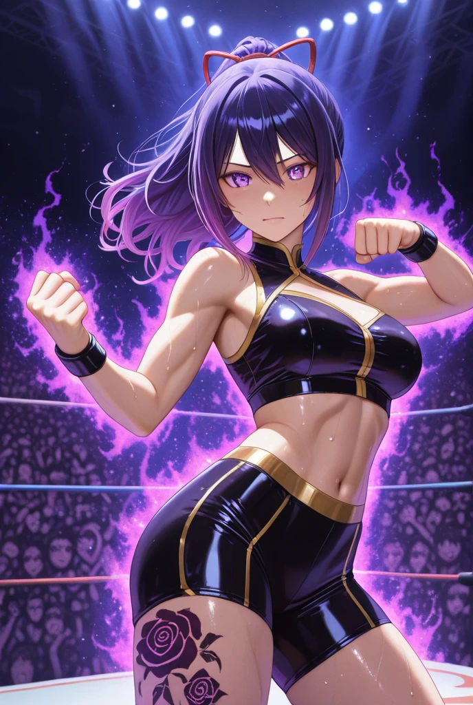 masterpiece, best quality, high resolution, detailed, 1 occult beautiful girl, short pants, intence eyes, middle hair, muscle, fighter, anime, simple background, (dark atmosphere:1.3), (purple eye), (punch:1.4),