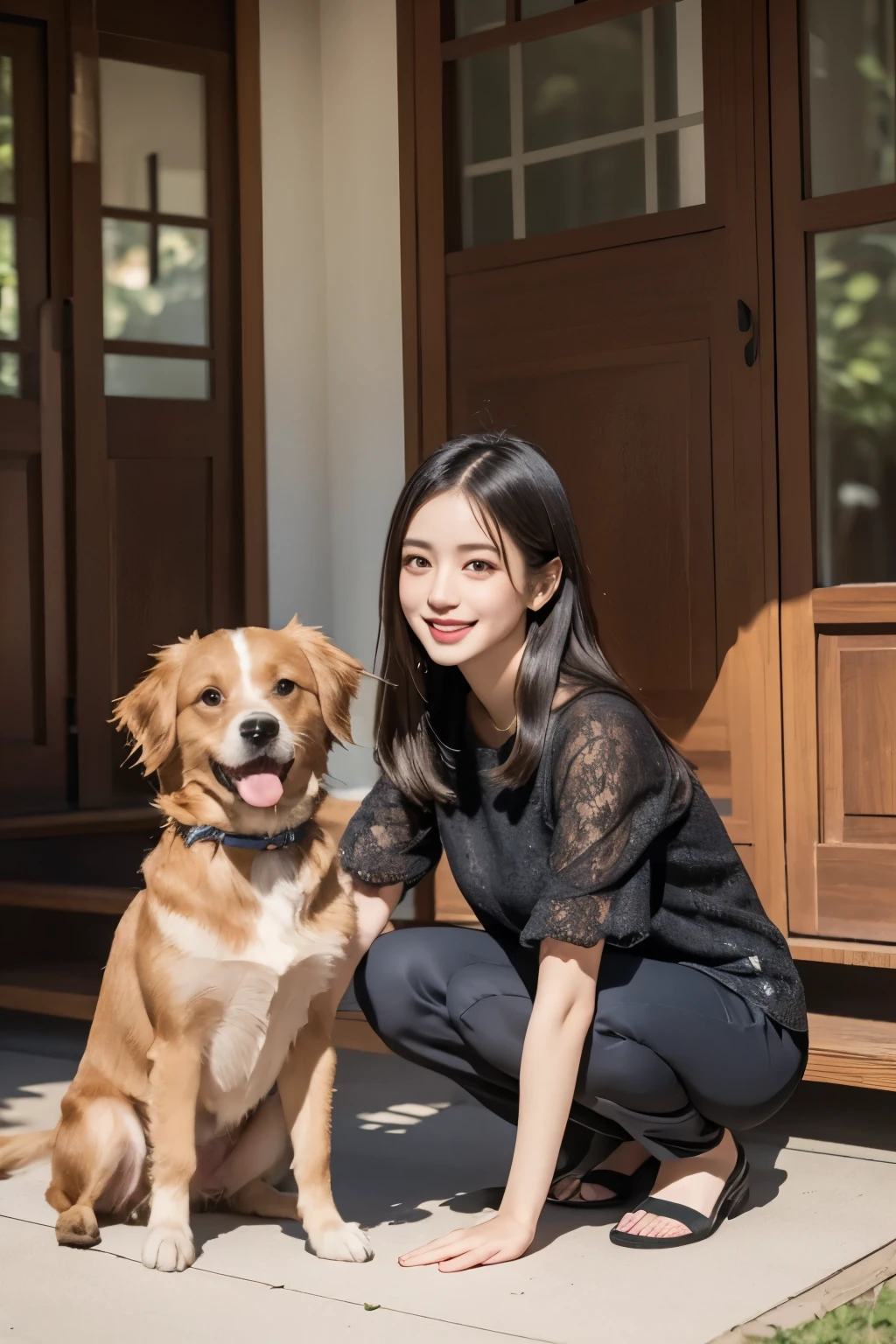 realistic、(In front of the front door of a Japanese house)、Dog and woman side by side、((Dog sitting facing the front))、((woman crouching facing the front 2.0))、One dog、1 woman、golden retrievers watching dogs、((2.0))、Alignment、(short shortcut 1.5)、(long slant eyes)、Foxy face、((profile2.0))、profile、smile、high image quality、8k