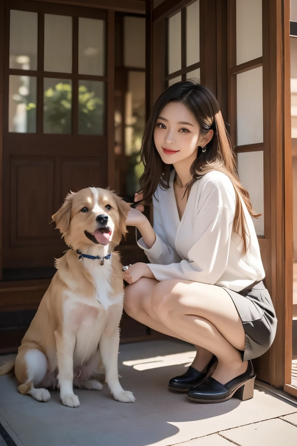 realistic、(In front of the front door of a Japanese house)、((Dog sitting facing the front))、((woman crouching facing the front next to the dog 2.0))、One dog、1 woman、golden retrievers watching dogs、((2.0))、Alignment、(short shortcut 1.5)、(long slant eyes)、((profile2.0))、profile、smile、high image quality、8k