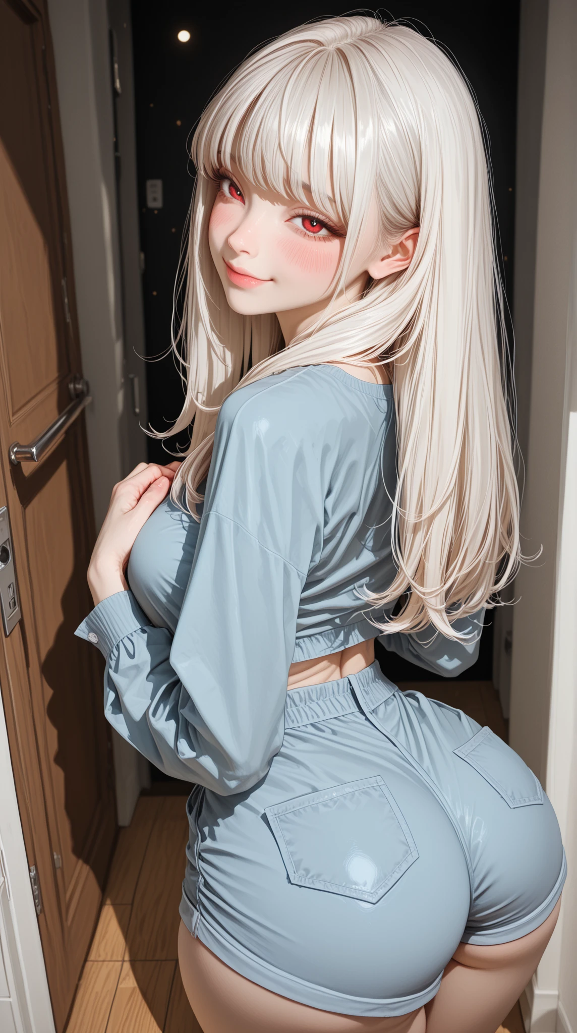 (((top-quality,8K,masterpiece:1.3)),Crisp focus:1.2,Cute woman with perfect body shape:1.4,Highly detailed facial and skin texture,、Beautiful face taken beautifully and evenly:1.5、Full Body Angle、Scandinavian cute girl、Small、Beautiful silky silver hair、clear gray eyes、Large knitwear、(Black XL Size Knitwear)、(((blurry backround:1.3)))